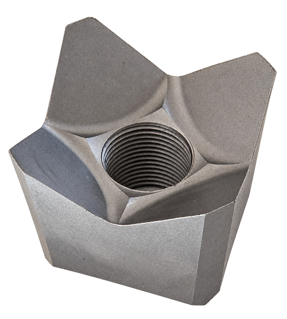Close-up of a Husky Forestry steel saw tooth, showing its cutting edges and threaded bore